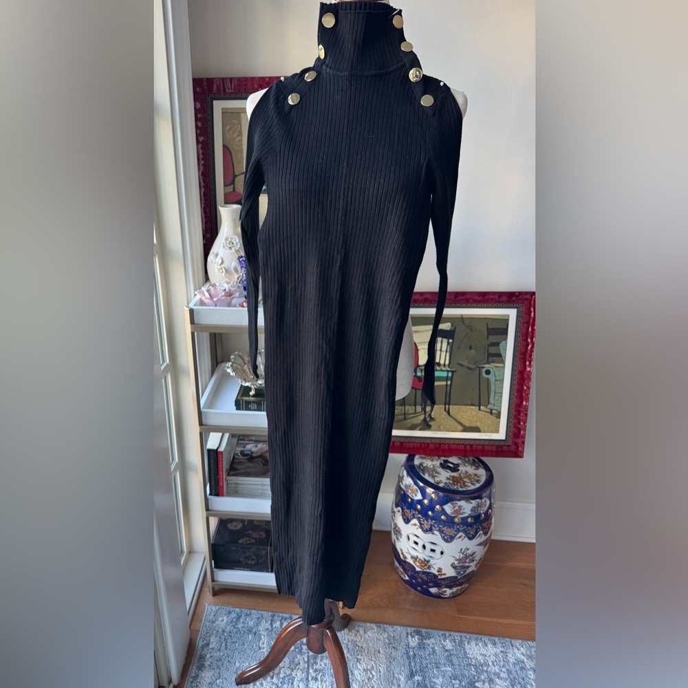 Zara Black Ribbed Long-Sleeve Turtleneck Midi Dress with Gold Buttons